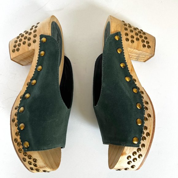 FREE PEOPLE Green Colbie Wooden Clogs 37 Studded Platform Suede - Picture 6 of 11